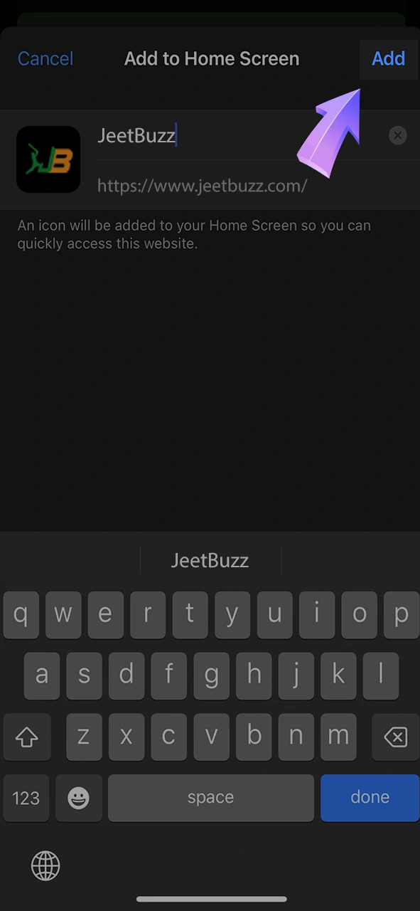 Specify a shortcut name and confirm the addition of the JeetBuzz app.