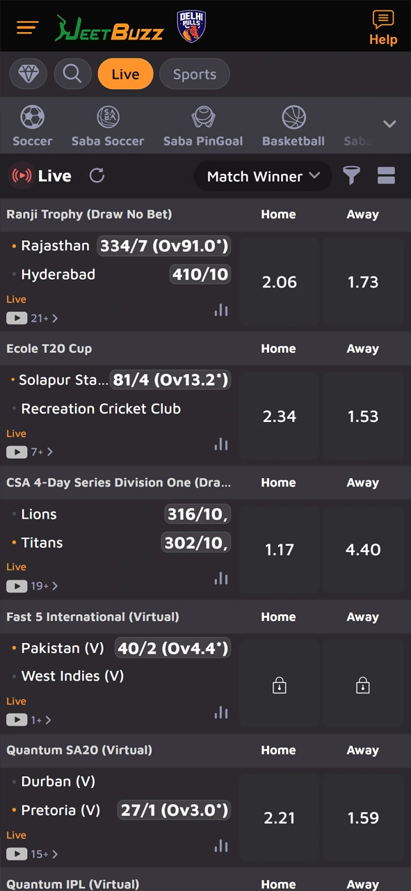 In the sports section of the JeetBuzz app, you'll find a variety of matches.