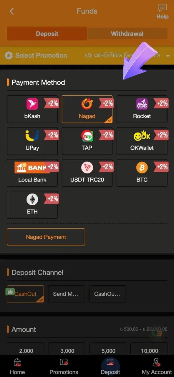 Choose one of the suggested deposit methods on JeetBuzz.