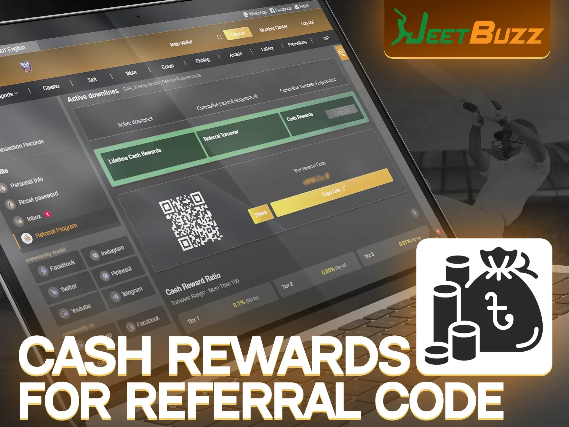 Your JeetBuzz referral program bonus depends on your friends' bets.