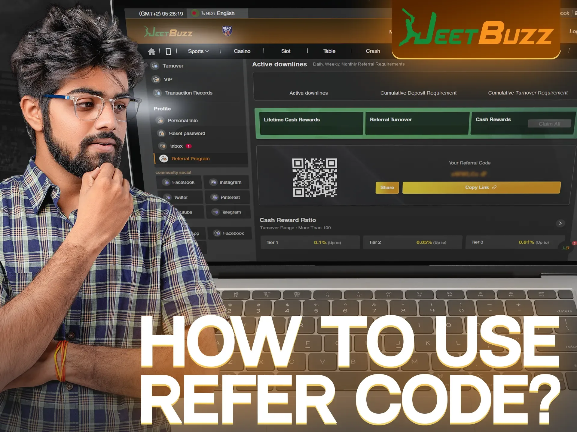 Open your JeetBuzz profile to find the referral code.