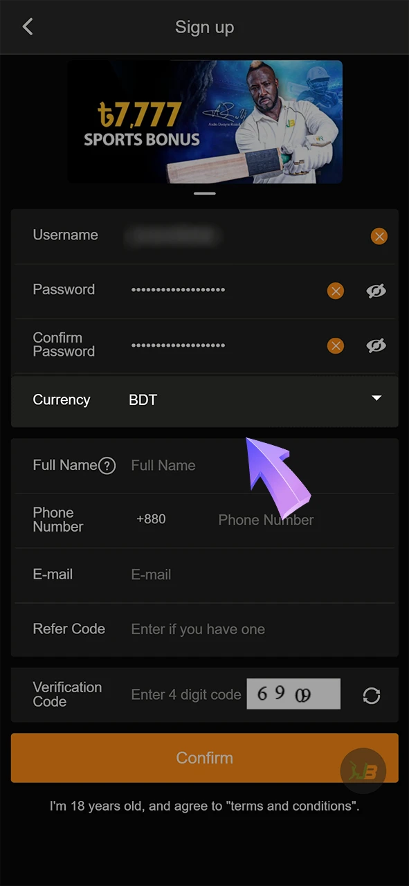 Select the currency you need on the JeetBuzz registration form.