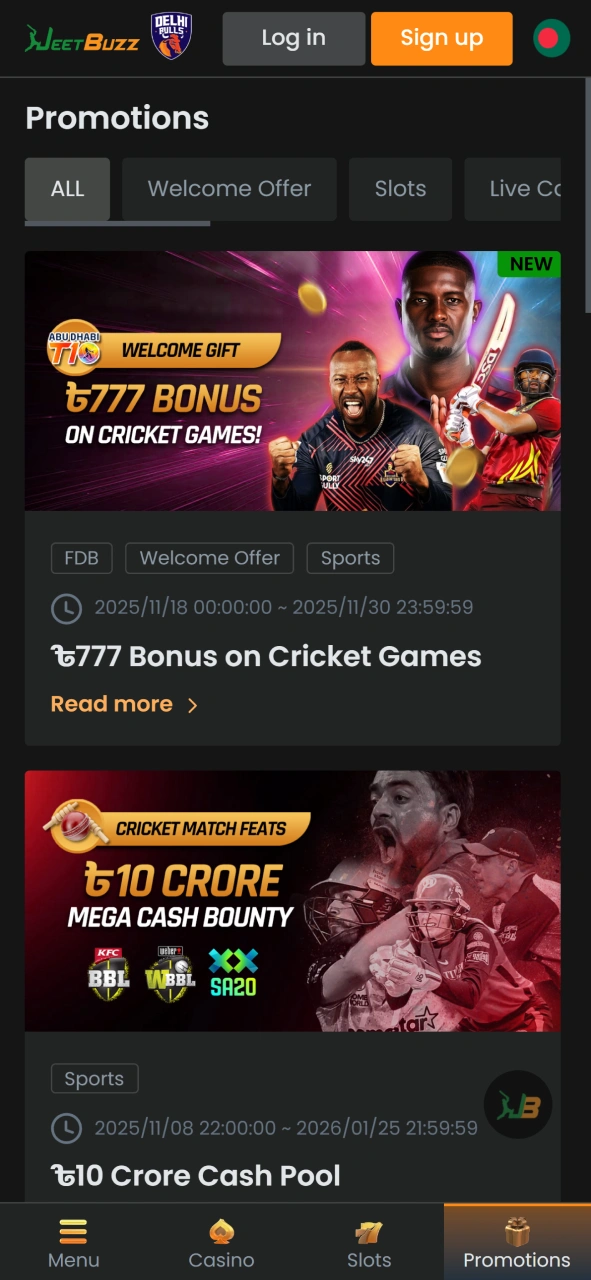 Get bonuses such as freespins, cashback or deposit bonuses at JeetBuzz.